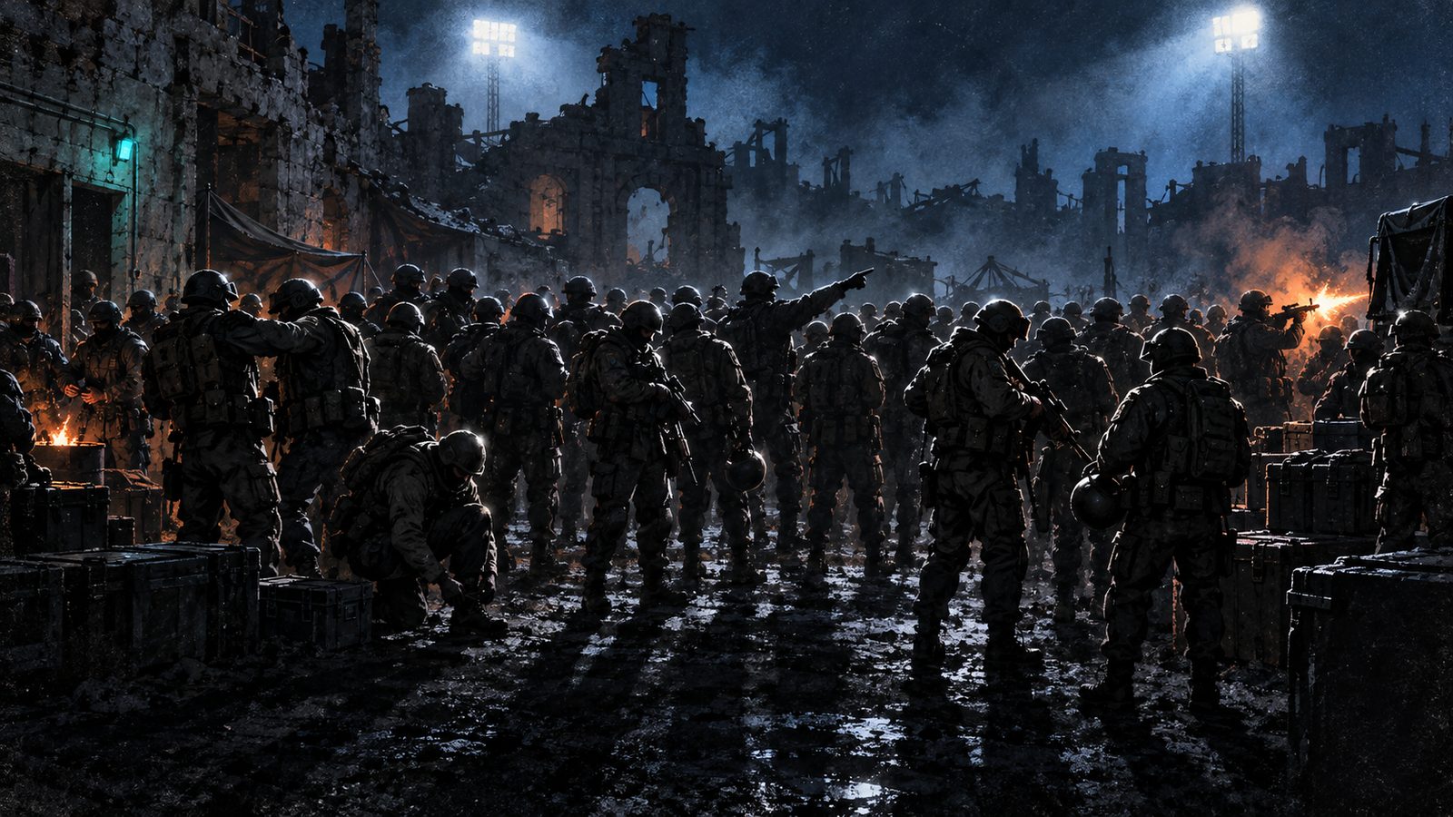 Drawn artwork: a crowd of soldiers under floodlights before a battle