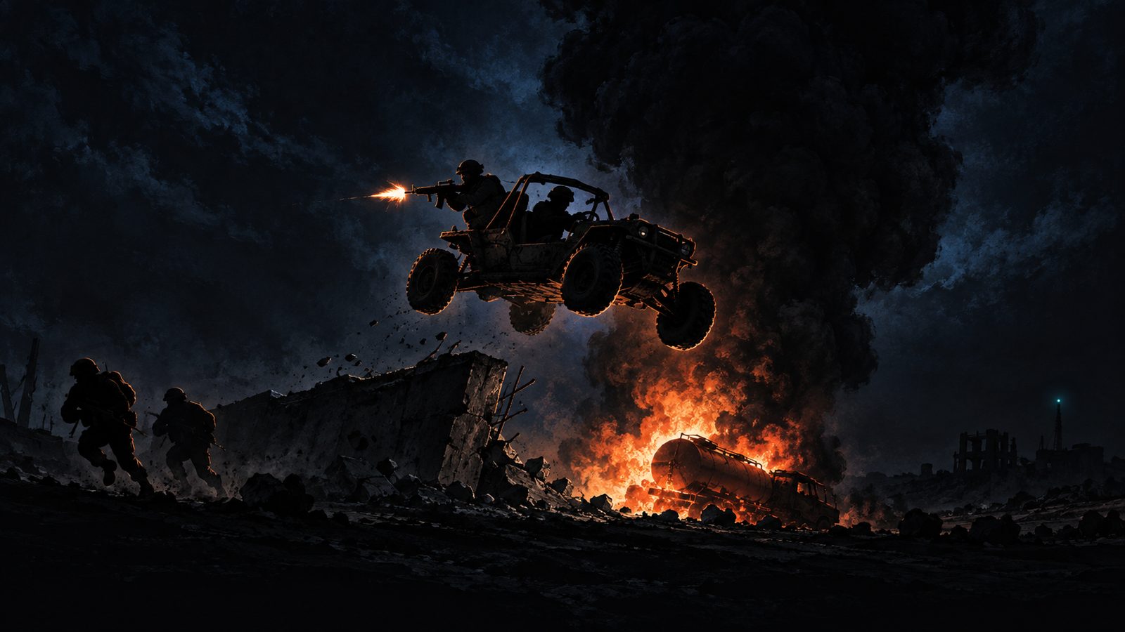Drawn artwork: a buggy jumping a ruined wall as a tanker goes up behind it