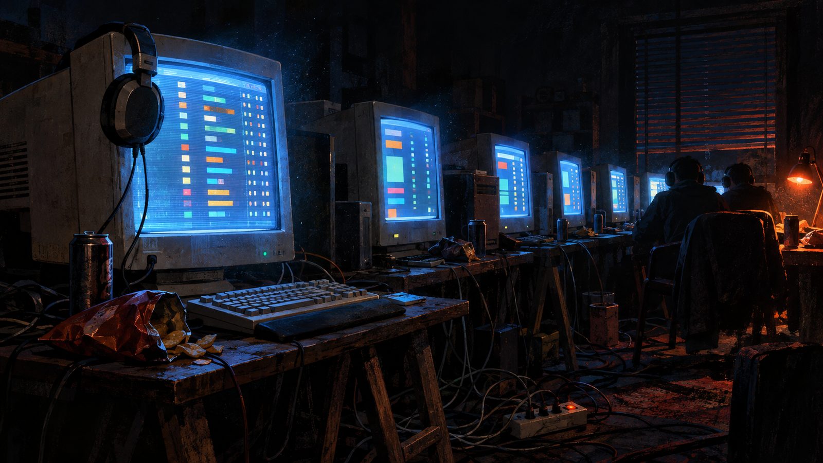 Drawn artwork: a row of glowing CRT monitors at a late night LAN party