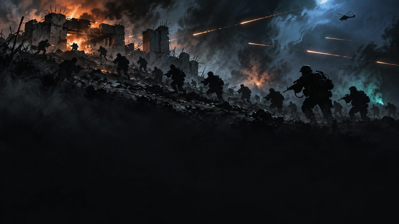 Drawn artwork: soldiers moving up on a contested position at night